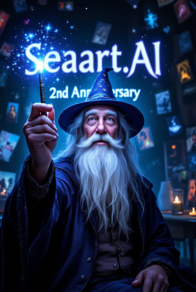 (Highest quality, masterpiece, extremely detailed, high resolution), seaart.AI logo, an old man with a long white beard holding a magic wand, wizard's hat, casting a spell, luminous text appearing, lots of photos and illustrations in the background,((seaart.AI )), (( 2nd )),((Anniversary in large letters in the background)), celebration, very happy, joyous occasion.
