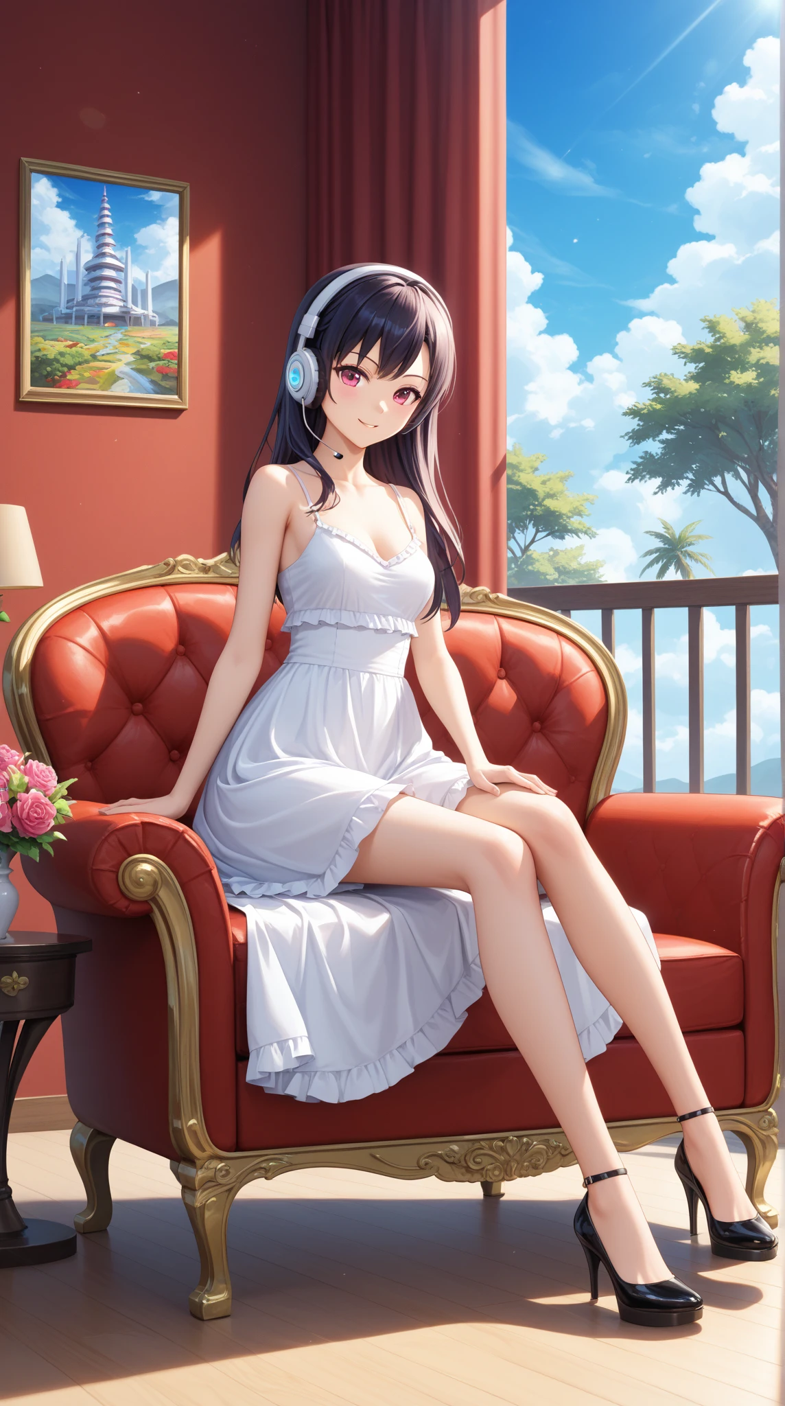 1 girl, (solo), ((amanogawaki)), best quality, highres, high quality, 8k, HD, super detail, anatomically correct, UHD, accurate, (masterpiece:1.0), (high quality:1.0), (ultra detailed), ((Adult:1.2)), (sitcrossleg), crossed legs, (shorttubedress), strapless bodycon, short tube dress, (Heel Sandals), (five fingers)