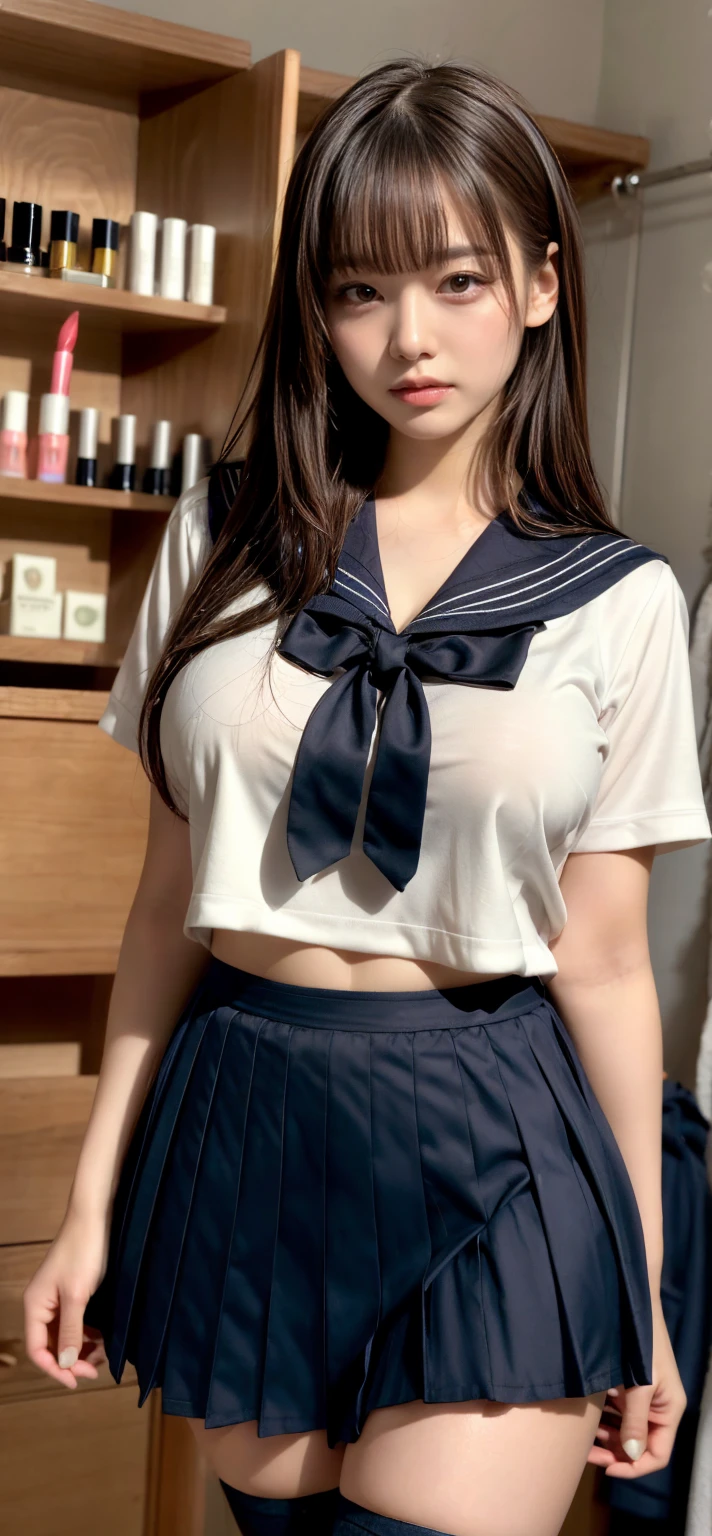 1 persons、Top image quality、realisticlying、Beautiful skin、Women in Their 20s、hposing Gravure Idol、Sex worker、Dark blue school uniform、White sheer shirt、skirt by the、Show panties、open one's legs、Show your butt、