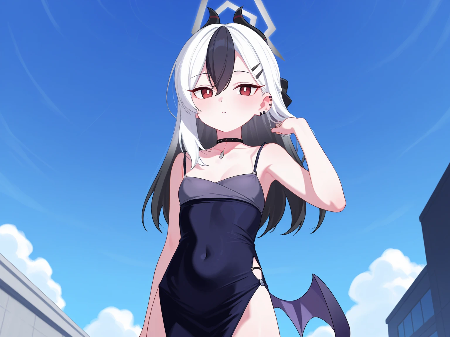 kayoko onikata, black hair, demon horns, hair between eyes, halo, horns, long hair, low wings, mole, mole on collarbone, multicolored hair, ponytail, red eyes, single wing, two-tone hair, white hair, wings, black ponytail, black bikini, high quality, looking_at_viewer, closed mouth, solo, (cowboy shot:1.5), night sky, beach, arms behind head, contrapposto, spread armpits, looking at viewer, best quality, expressionless, blushing,