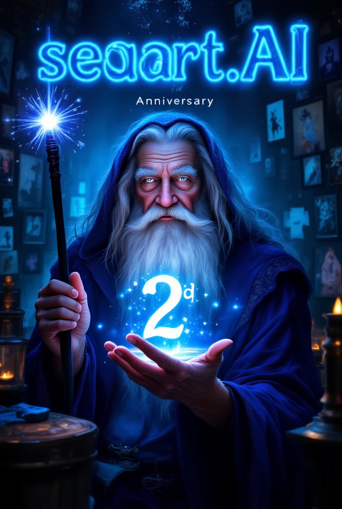 (Highest quality, masterpiece, extremely detailed, high resolution), seaart.AI logo, an old man with a long white beard holding a magic wand, wizard's hat, casting a spell, luminous text appearing, lots of photos and illustrations in the background,((seaart.AI )), (( 2nd )),((Anniversary in large letters in the background)), celebration, very happy, joyous occasion.
