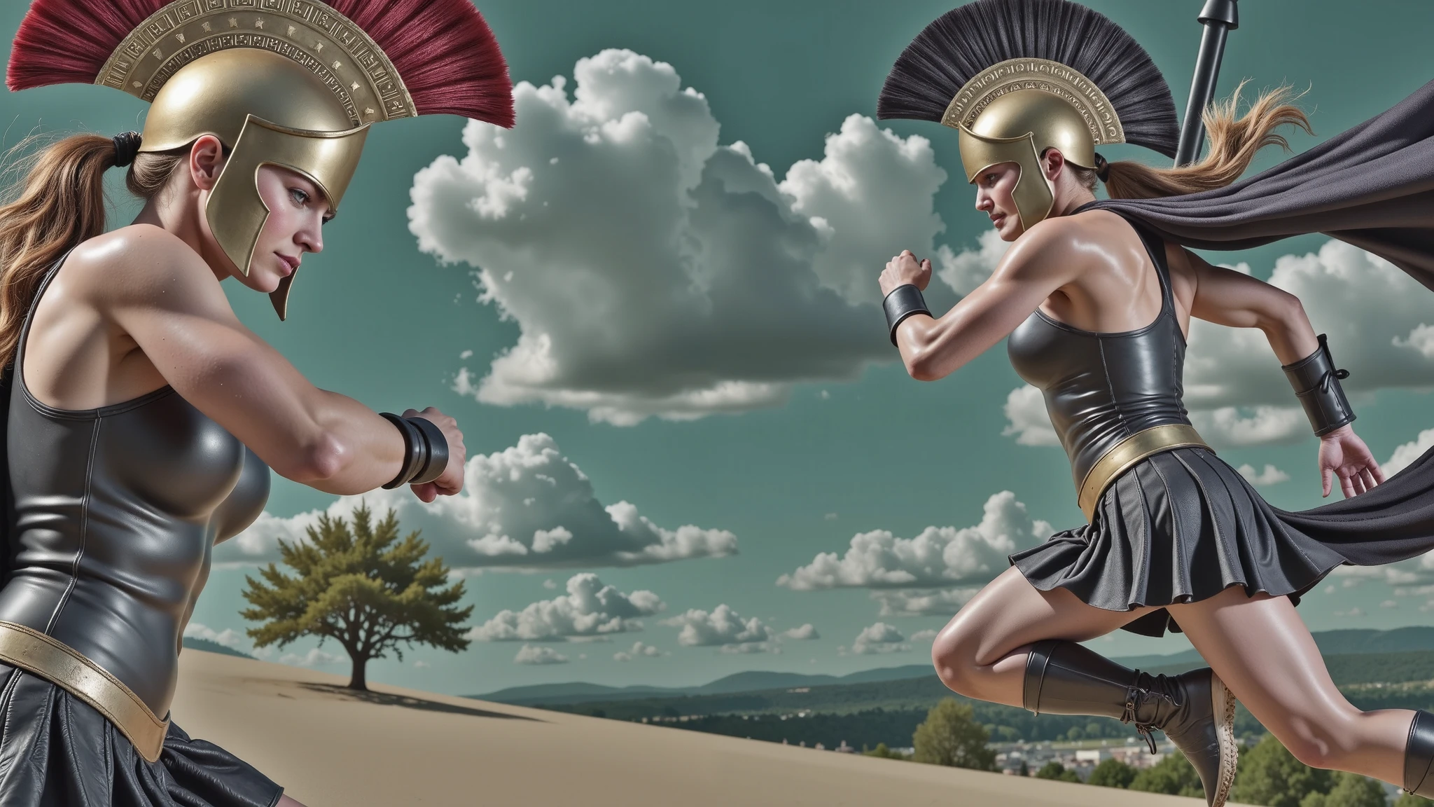 Greek Amazons. They wear black leather Greek armor with bronze cups covering their chests, displaying intricate detailing. Their bronze helmets are adorned with black crests, adding a sense of majesty and ferocity. Flowing black capes trail behind them, highlighting the dramatic movement of their fall. The scene captures the intense action and strength of the Amazons in a highly dynamic and impactful moment. Perfect, realistic hands. Clenched fist, feminine hand.