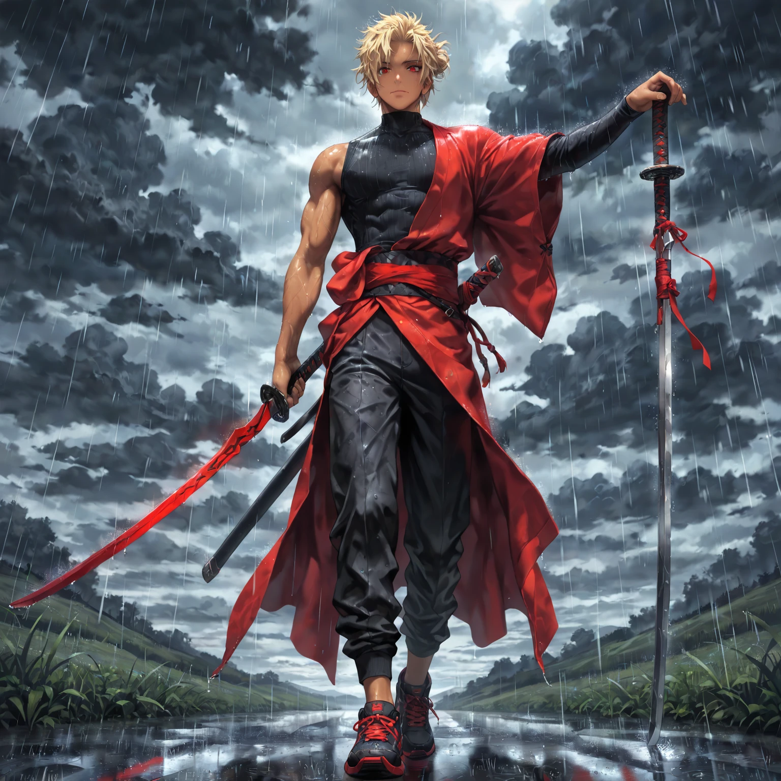 ((masterpiece, best quality, 1male, male focus, masculine, solo, closed mouth, muscle, single longsword katana in hand,)) (short hair, soft yellow hair, messy hair, low bun hair, crimson eyes, calm expression, perfect eyes, male face, perfect face, modern clothing, black turtleneck, single sleeve, black pants, black sneakers, red sash, caramel skin tone, caramel skin color, dark skin tone, walking toward viewer, looking toward viewer,) ((plains background, raining, dark clouds, detailed background))
