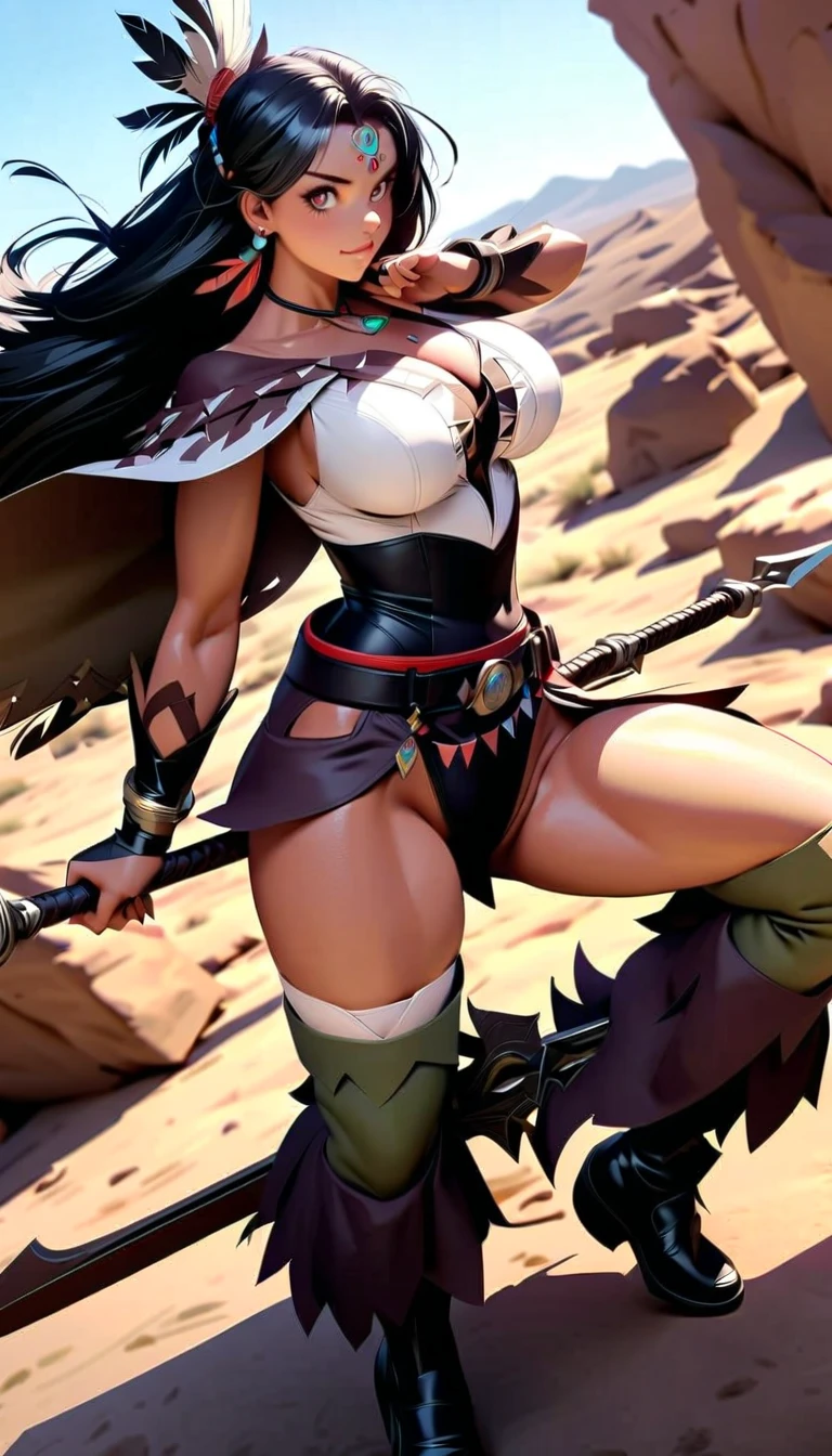 White short-haired, dark-skinned, flat-chested girl,White forehead protector,veil,Red and white sports top,Bare waist,Tattoo,Black briefs,Transparent skirt,Bare arms,thigh,Scimitar,Standing,desert