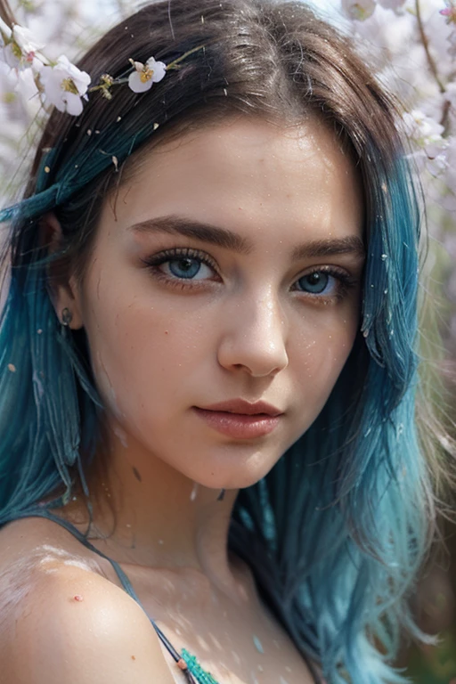 A 19-year-old girl, with a face resembling Amy Lee's, blue eyes, black hair adorned with blue highlights, fair, hyperrealistic skin, intricately detailed and realistic, smiling directly at the camera. This photorealistic image, captured through authentic photography, presents her in an engaging pose, with a seductive smile that draws the audience in. The image is sharp and crisp with a high resolution, taken using a professional Canon EOS R5 camera and a 50mm lens, set to F/2.8 aperture for an ultra-detailed focus. The background is simple and blurred, allowing the girl to be the main focus of