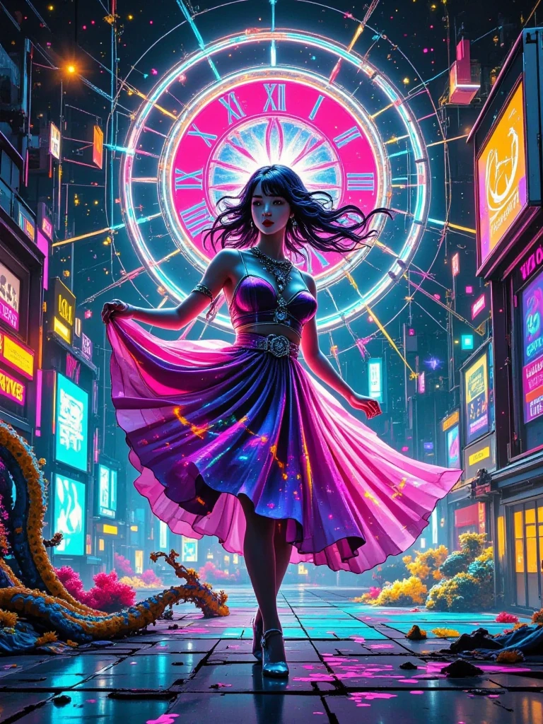 The cracks in the rusted motherboard spray powder to form a space-time corridor：of the arcade hall's neon skeleton tilted and broken，The VHS tear at the edge of the screen overflows ASCII code waterfall。The CRT obelisk shows《Akira》Echoes，The crack on the clock face scatters pixel dust from 1985。A flood of suspended data 80s Cyber Temple in the stream，visible at 6K resolution Binary love letter engravings on the rust surface of the gears {x} The holographic dancer's pixel skirt dances with the kaleidoscope light spots refracted by Fresnel's lens。The Dali watch is melting into fluorescent gel，in the arcade hall.，using NTSC color shift and tape head wear effects。in the scan line reflection of the mosaic floor tile，mechanical octopus's cassette tentacles stir up neon ripples on the ground。