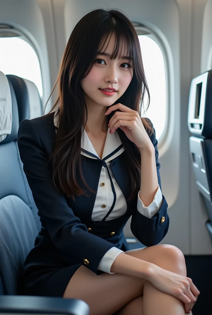 (extremely detailed face), (photo quality), hot sexy girl, black hair, good style, long legs, happy face, navy cabin crew costume, very short mini skirt, sitting on the chair, spreading legs, (white panties under the mini skirt), sexy thighs are grandly exposed, inside of the private plane, She is the only one on board.