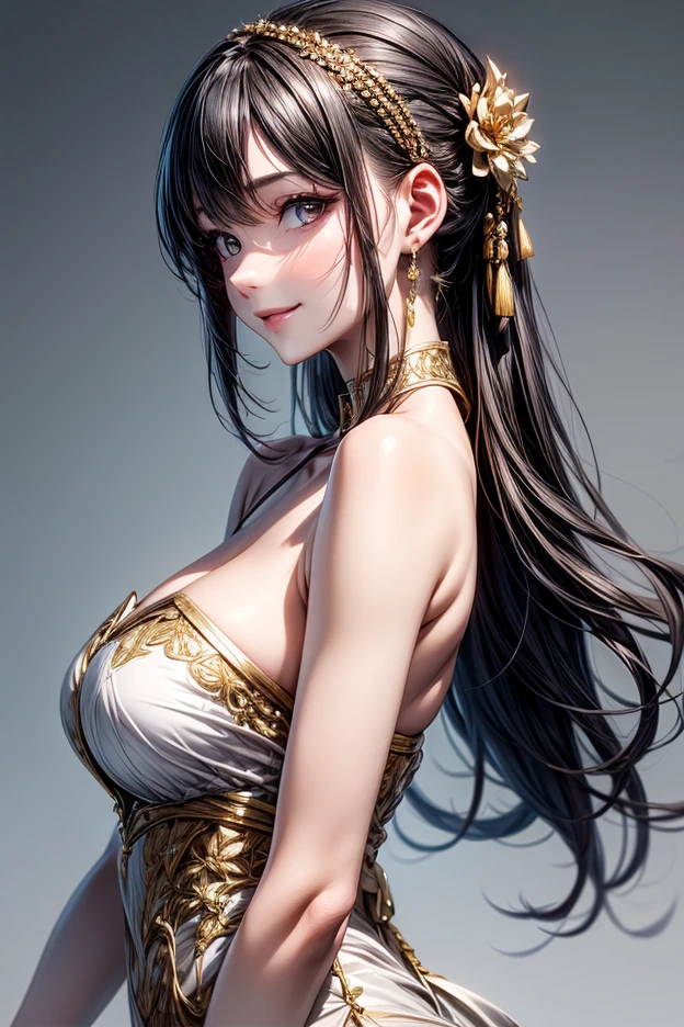 female,alone,gray background,artistic lighting,beautiful asian goddess,tie one's hair up,The bun has a golden decorative headband.,exquisite facial features,white lace dress,sleeveless,smooth thighs and feet,giant :1.3,exposed:1.2,look at the audience,Character-centric,symmetry diagram,whole body:1.5,from below:1.4,abdominal injection, perfect hand expression