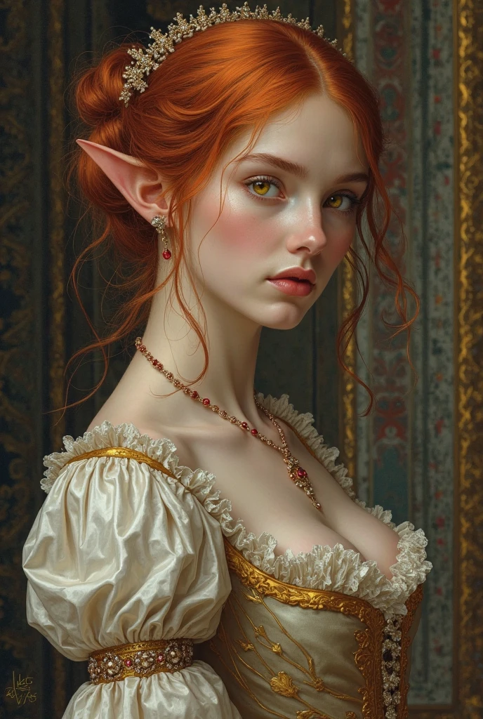 Creates the image of a lady in the company of a princess, in ancient royal painting format, with Victorian-era clothing, Something simple, redhead, yellow eyes,  and pointy ears

