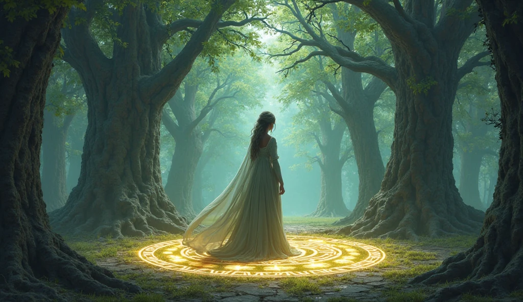 7. The Hollow of Echoing Fates
Surrounded by towering, ancient trees that hum with magic, she stands at the center of a glowing sigil circle. Her look reflects strength and elegance — a guardian of fate’s path.