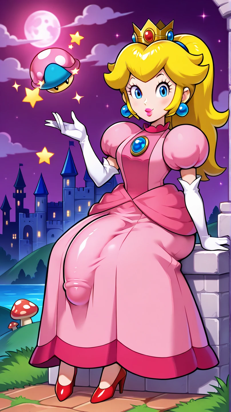 1girl, masterpiece, best_quality:0.5, highres, 4K image, (incredible_details:0.7), absurdes, ((cowboy_angle_shot:0.4)), princess peach, crown, blonde hair, earnings, beautiful queen, sexy looking, large blue eyes, thick lips, sexy smile, wavy blonde hair, (tight minidress, pink, cleavage), big breasts, colossal cleavage, perfect body, ((long gloves)), ((magical mushrooms field scenery, castle))((nsfw, nude, naked, spreading legs, sitting , bedroom, hairy pubic hair, view from front)),