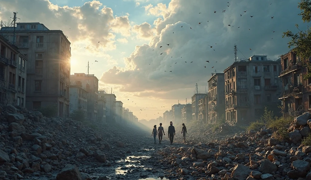 Soft Light and Natural Shadows: The entire scene is bathed in the soft glow of morning or late afternoon light. The natural shadows are cast in a way that adds depth to the scene, especially across the rubble and survivors, helping to bring a sense of realism.

Sky: The sky is a mixture of storm clouds breaking apart with patches of blue showing through, symbolizing the end of a dark era and the promise of a brighter future.