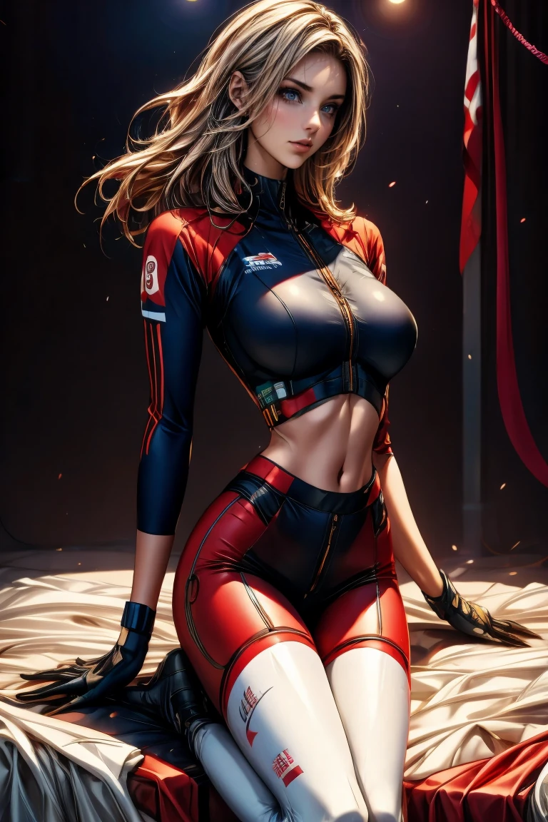 A full-body, ultra-detailed semi-realistic digital painting of a mature Polish woman in her early 40s, with a tall, toned, graceful figure that reflects classic Central European elegance. Her proportions follow a 10-heads-tall fashion model silhouette, with a modestly full bust, narrow waist, and long, shapely legs. Her posture is upright and relaxed, with a soft hip tilt that exudes calm confidence. Her skin is fair with a soft white tone and cool undertone, glowing naturally.
Her facial features are sharply defined—high cheekbones, a long straight nose, and a V-shaped jawline. Her eyes are almond-shaped, elongated, and slightly upturned at the outer corners, creating a cool, fox-like gaze beneath delicately arched brows. Her lips are medium-thin with a well-shaped Cupid’s bow, shaded in muted rose. Her makeup is clean and cool-toned: sculpted taupe eyeshadow, soft smoky shading below the eyes, and highlight accents to enhance her bone structure.

She wears a sleek race queen outfit inspired by the Polish national colors: a red and white zip-up crop top with silver trim and subtle structure, paired with an ultra-short asymmetrical skirt featuring red and white blocks and integrated black sponsor logos. Thigh-high white boots with red stripe accents and fitted red fingerless gloves complete her athletic, aerodynamic look. The suit reflects ambient light with a smooth, synthetic sheen and patriotic tone.

Her long blonde hair is sleek and waist-length, center-parted and naturally styled, flowing cleanly down her back without bangs or accessories.
She stands at a modern Polish racetrack with crisp architectural lines, national flags in soft focus, and cinematic cool lighting that highlights her confident, modern silhouette.
Masterpiece, best quality, semi-realistic, 8K resolution, cinematic lighting, hyperrealistic portrait, finely detailed, detailed eyes, soft fabric texture, cyber-race queen aesthetic.