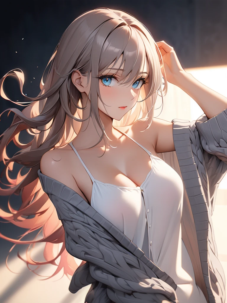 masterpiece: 1.2, highres, highest quality, 16k, ultra-realistic, photorealistic: 1.37, beautifully detailed, vibrant colorful, colorful, colorful: 1.3 perfect composition, pleasant, yawning: 1.5, hand on mouth: 1.2, cute fangs: 1.2, exposed to the wind a girl with messy white hair, wearing loose pajamas:1.2, sitting in a state of hurray on a bed with soft pillows, a huge moon and a sea of stars behind her, long white hair, closed eyes, blushed cheek, nature volumetric lighting and best shadows, deep depth of field, sharp focus, Stunning full-body beautiful cute girl, navel:1.2, soft delicate beautiful charming face with seductive black eyes, middle breasts, sharp eyes liner, long eyelash, bloom, eyelash