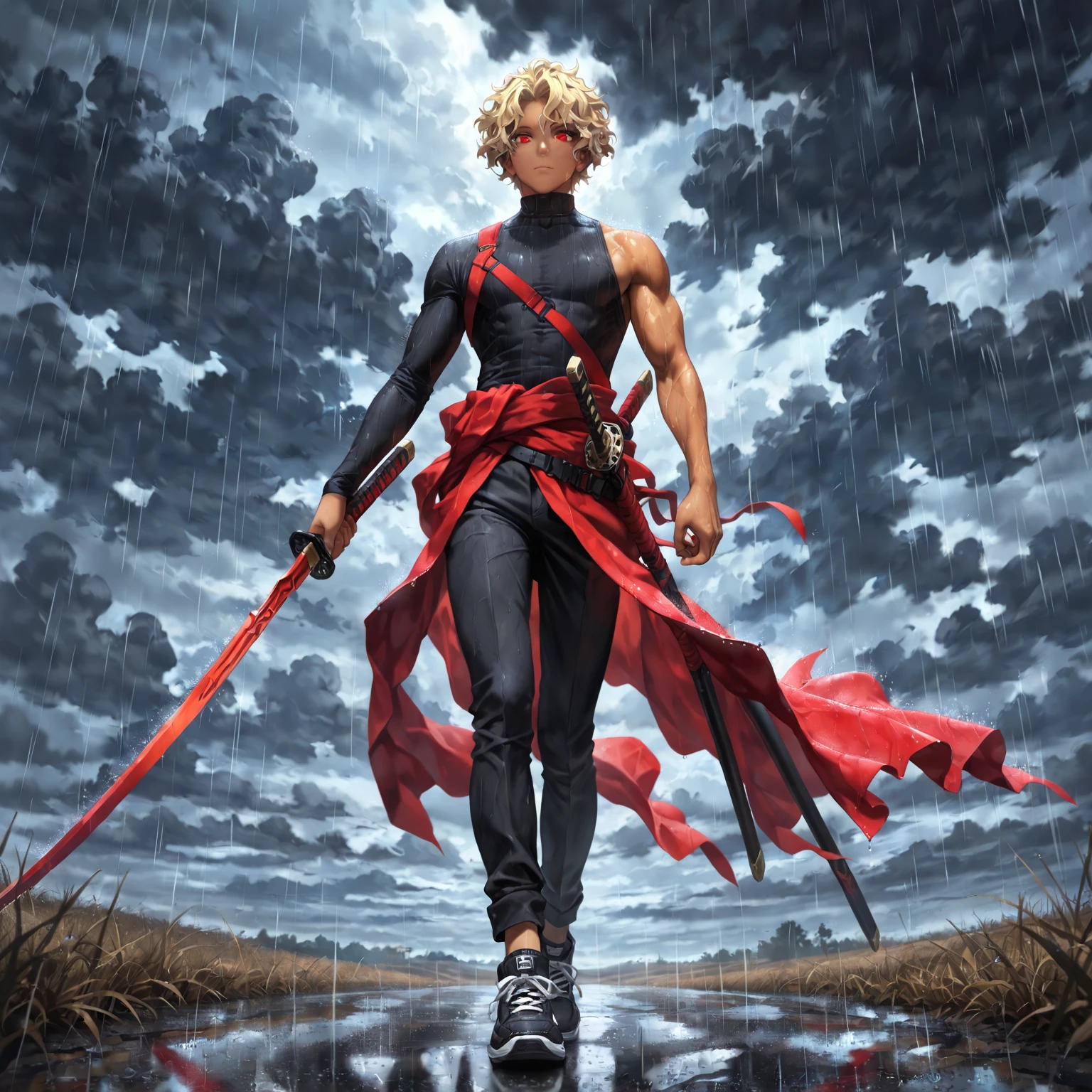 ((masterpiece, best quality, 1male, male focus, masculine, solo, closed mouth, muscle, single longsword katana in hand,)) (short hair, soft yellow hair, wavy hair, messy hair, crimson eyes, calm expression, perfect eyes, male face, perfect face, modern clothing, black turtleneck, single sleeve, black pants, black sneakers, red sash, caramel skin tone, caramel skin color, dark skin tone, walking toward viewer, looking toward viewer,) ((plains background, raining, dark clouds, detailed background))