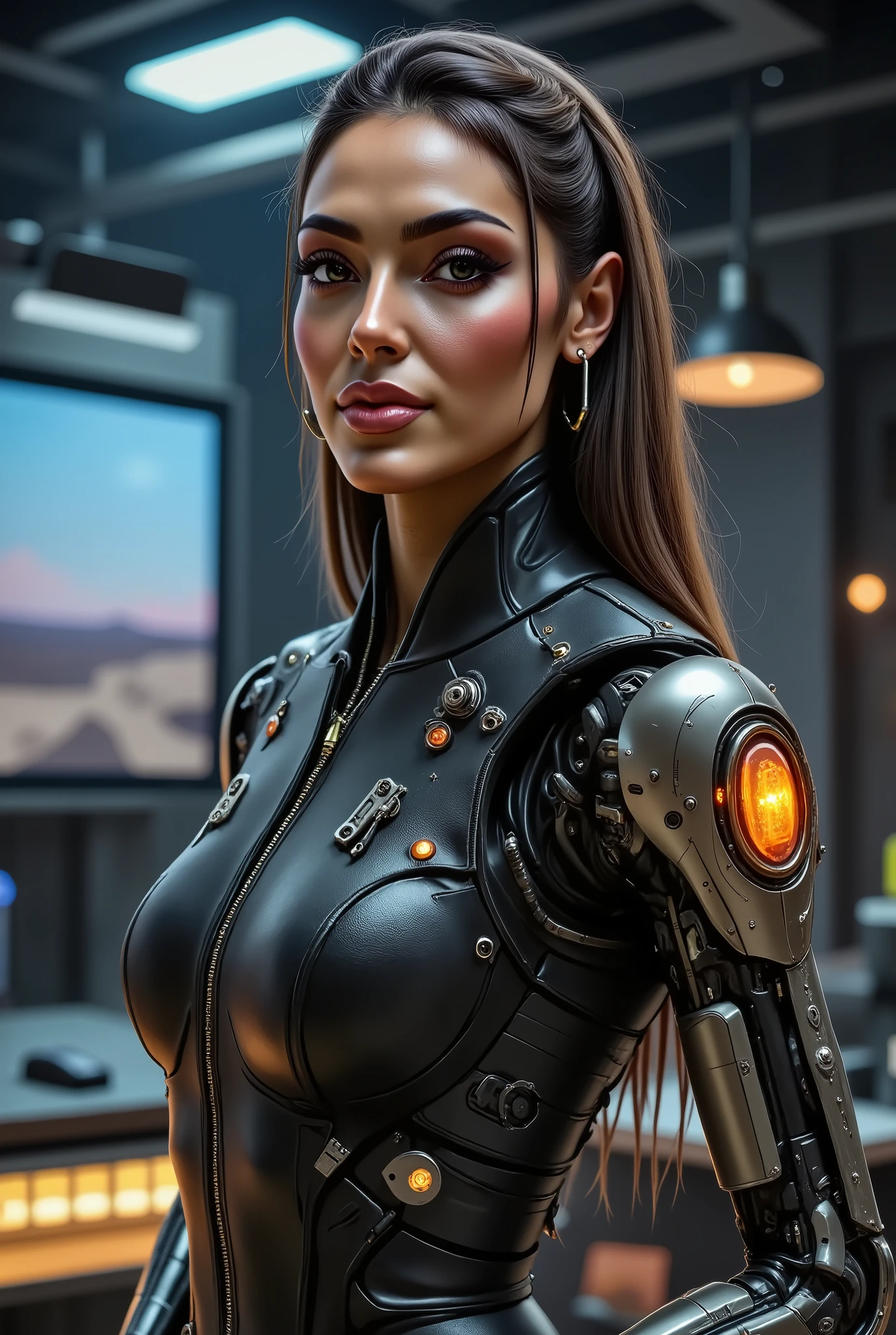 Valentine Maceri, Portrait of a cybernetic woman android Gunslinger. soft features, Soft Illustration with a dynamic background, elegant intricate artstation concept art style of Ashley Wood, Jae Wood, desolate tones, intricate detail, breathtaking masterpiece, dramatic lighting.