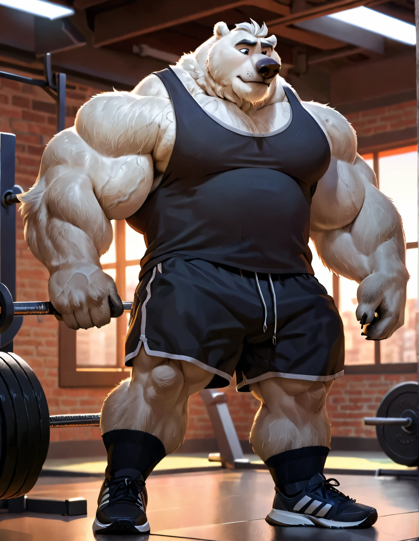 huge muscular polar bear in muscle fitness center, big bulk workout, grunting noise, polar bear, huge thick white fur, thick arm, huge arm, thick neck, added gray mustach and beard, Short white hair, height: 7’8, weight: 350lbs, (veiny muscular, veiny pectoral, wide pectoral, thick arms), brick building gym, weight equipments, sunset window, Zootopia, Disney, 8k, masterpiece, gray eyebrows added, added eyes with blue pupils, (wearing black gym shorts, black wristbands, black gym tank top, black socks and black gym shoes),