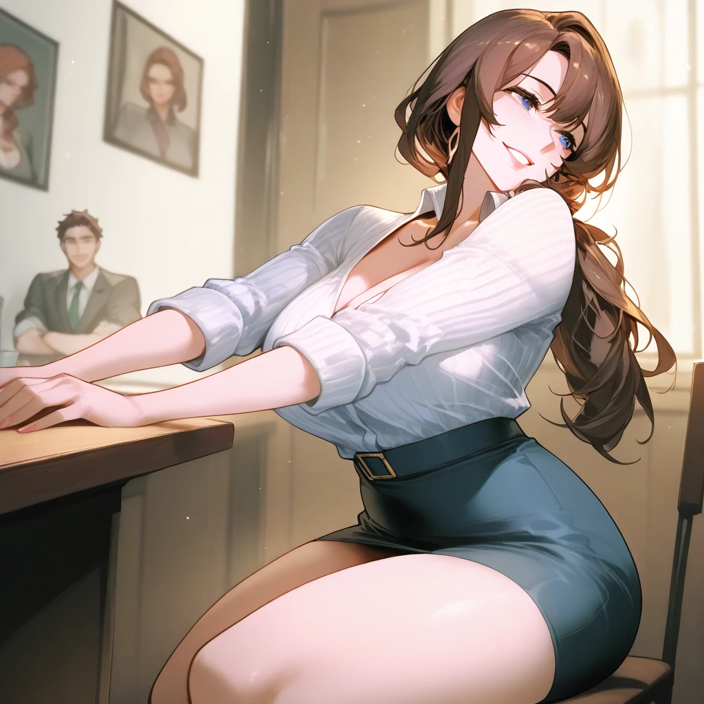 brigitte overwatch , thighs, full body, white high heels, nude tits, sitting, blue jeans pants, wide hips, nude tits