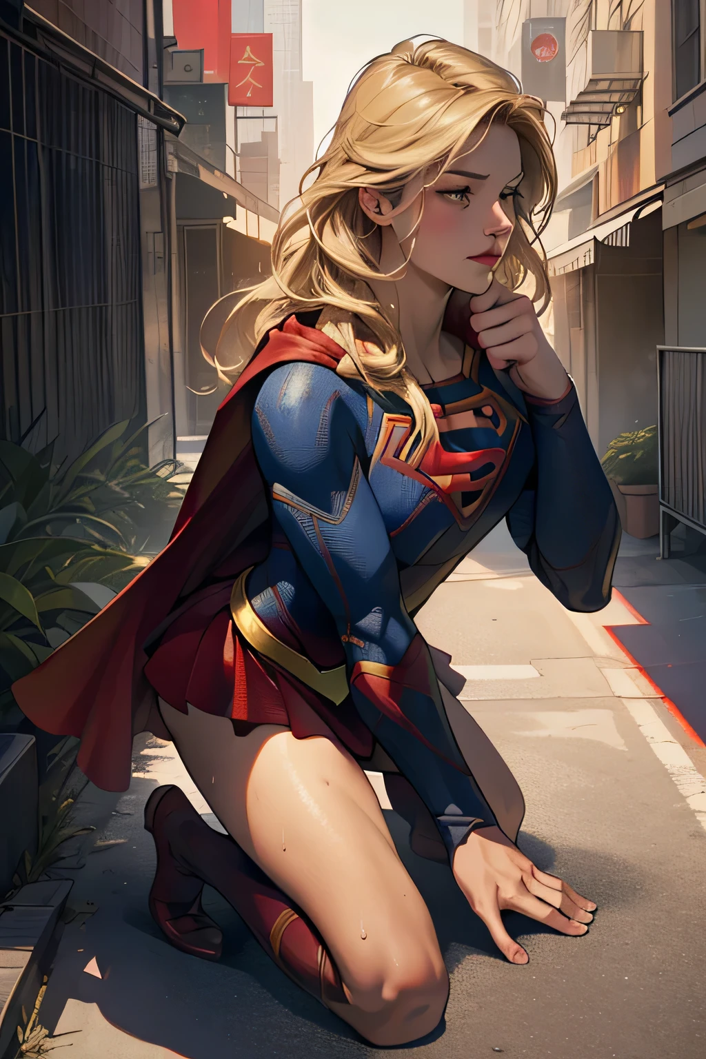 ((highest quality)), ((masterpiece)), (be familiar with), (High definition), (realistic), (realistic), (best shadow), low contrast, (Complex:1.4), side lighting, 8K, ((melissa Benoist)), ((SUPER GIRL)), perfect face、Detailed、(Accurate hand and finger depiction)、supergirl women、blonde、plump body、big breasts、constricted waist、big ass、Glamorous、glamorous、(squatting down)、NSFW, taking off panties、((Touching her vagina with her fingers:1.3)), (Masturbation:1.3), real vagina, eyes closed、(Shame:1.2)、sweating、front view、daytime、roof of the building、The background is skyscrapers and blue sky