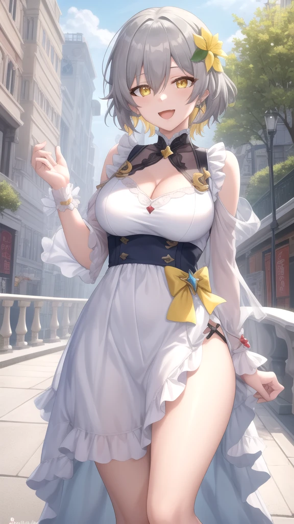 finest image, portrait, beautiful cute woman, amorous expression, lewd expression, white braided bangs iridescent hair, short hair, gold sparkling big eyes, red alluring moist big thick lips, large breasts, slender, perfect proportion, corset dress, skirt lift, black knee high socks, thighs, background fantasy, that emits fantastic light, light particles, light sparkles, petals, scatter gold and silver glitter and confetti, iridescent light particles, detailed and delicate depiction, professional lighting