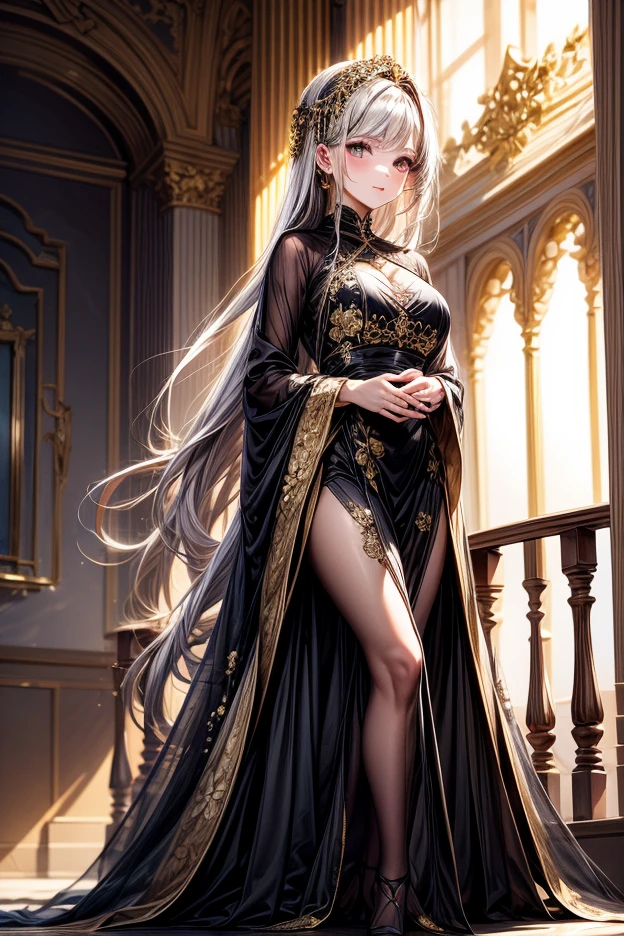 (masterpiece),ultra detaile,best quality,(beautiful skinny well-groomed face-13years old-girl),nsfw,nipple,fantasy,delicate black gothic-lace dress&eyes&gold ornaments&head-wear,long silver wavy hair,shining cold eyes&skin,bared small bresats,navel,bangs down,