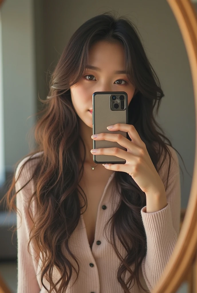 A woman is taking a selfie in front of a mirror, mine,  long hair, 🤬 🤮 💕 🎀, very Very low quality picture, very Very low quality, Huang Longli, Very low quality, Closeup of a 19-year-old girl , Soft and cute virtual anchor, 18 years old,  she has about 1  