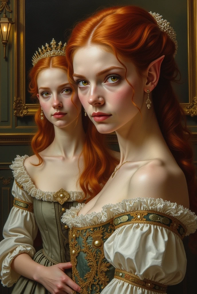 Creates the image of a lady in the company of a princess, in an old painting format with oils, of royalty, with Victorian-era clothing, Something simple, redhead, yellow eyes,  and pointy ears

