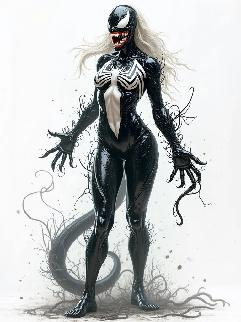 4K,realisticlying,Glamorous,The is very detailed,There is a girl in Dingcheng,Wearing a black Spider-Man costume,(Black and white:1.4) the night,symbiote,venomize,a large amount of mucus,she is a spiderman,Black superhero theme,In front of the sky,Flushed complexion,( Open legs, camel-toe,Vulvar shape:1.3)(GGCameltoe:1.3)Legs apart,long white hair,25 age old,full bodyesbian
