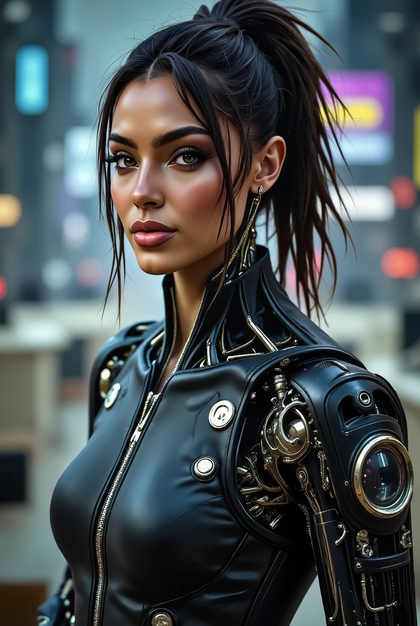 Valentine Maceri, Portrait of a cybernetic woman android Gunslinger. soft features, Soft Illustration with a dynamic background, elegant intricate artstation concept art style of Ashley Wood, Jae Wood, desolate tones, intricate detail, breathtaking masterpiece, dramatic lighting.
