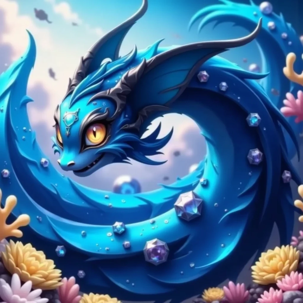 The SeaArt logo, which is lavishly made with the finest gemstones, emerges as a true masterpiece. Transparent gemstones such as sapphires and crystals are intricately combined to create a design that is both radiant and luxurious. Each gemstone shines and reflects light with an enchanting beauty, emanating a sense of luxury and sophistication. In the background, there is a clear ocean with a colony of corals, and in the center, a leviathan is entangled as if to protect the SeaArt logo made of gemstones. Its round eyes shine light blue, ultra detail , 8K High Resolution , ultra detail illustration , Sharp Shadow , Top Quality