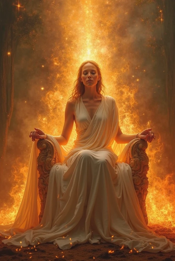 An enlightened woman centered on a burning throne 