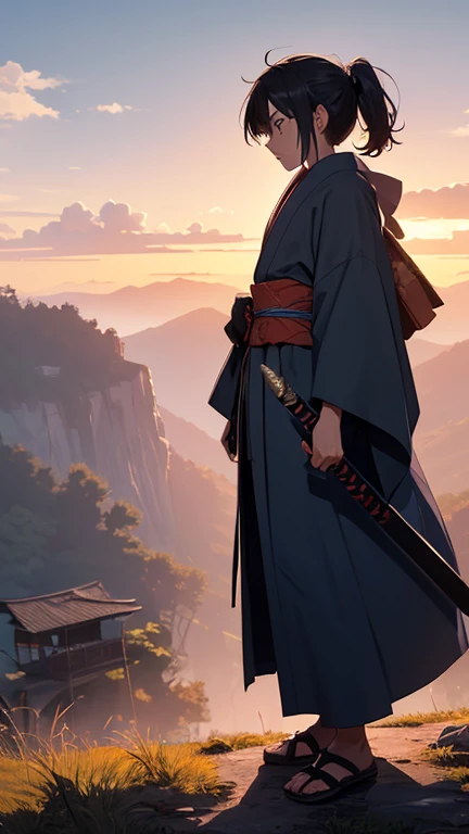 High-quality anime-style digital illustration in 4K resolution, inspired by renowned anime directors like Hayao Miyazaki and Makoto Shinkai.

A lone boy stands on a grassy cliff edge overlooking a vast, misty valley below. The setting is a mystical, feudal Japanese landscape during golden hour, with cherry blossoms fluttering in the breeze and ancient torii gates lining a distant pathway. The sky is painted in soft orange and pink hues, with golden sunlight filtering through drifting clouds.

The boy, around 16, has sharp, determined eyes and unkempt black hair tied back in a loose ponytail, with a few strands falling over his face. He wears a weathered, deep-blue kimono with intricate patterns along the hem, and a crimson scarf flutters behind him dramatically. A katana with an ornate hilt is sheathed at his side, its wrapping slightly frayed, hinting at many battles fought. His stance is firm, one foot slightly forward, hand resting on the sword’s hilt, ready to draw at a moment’s notice.

Anime elements include dynamic movement lines around the scarf, exaggerated wind-blown hair, and a dreamy background glow around the character. His expression shows resolve mixed with sorrow — classic anime emotion intensity.

The atmosphere is serene yet tense, suggesting an impending battle or an emotional turning point. The lighting is warm and ethereal, casting soft shadows and glints off the katana’s hilt.