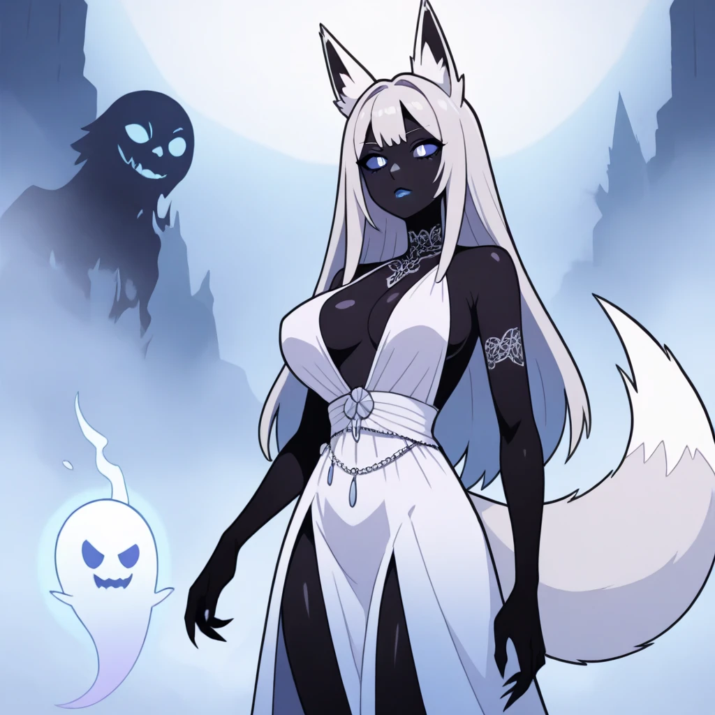a beautiful detailed kitsune woman with long white fox ears and tails, glowing yellow eyes, highly detailed mature and curvy figure, large breasts, holding a towel, ruling over a lake with a huge red blood moon reflecting in the water, surrounded by a burning forest full of charred corpses, terrifying smile with glowing yellow eyes, body covered in dark sinister stains, (best colors,extreme detail description,professional,horror,fantasy