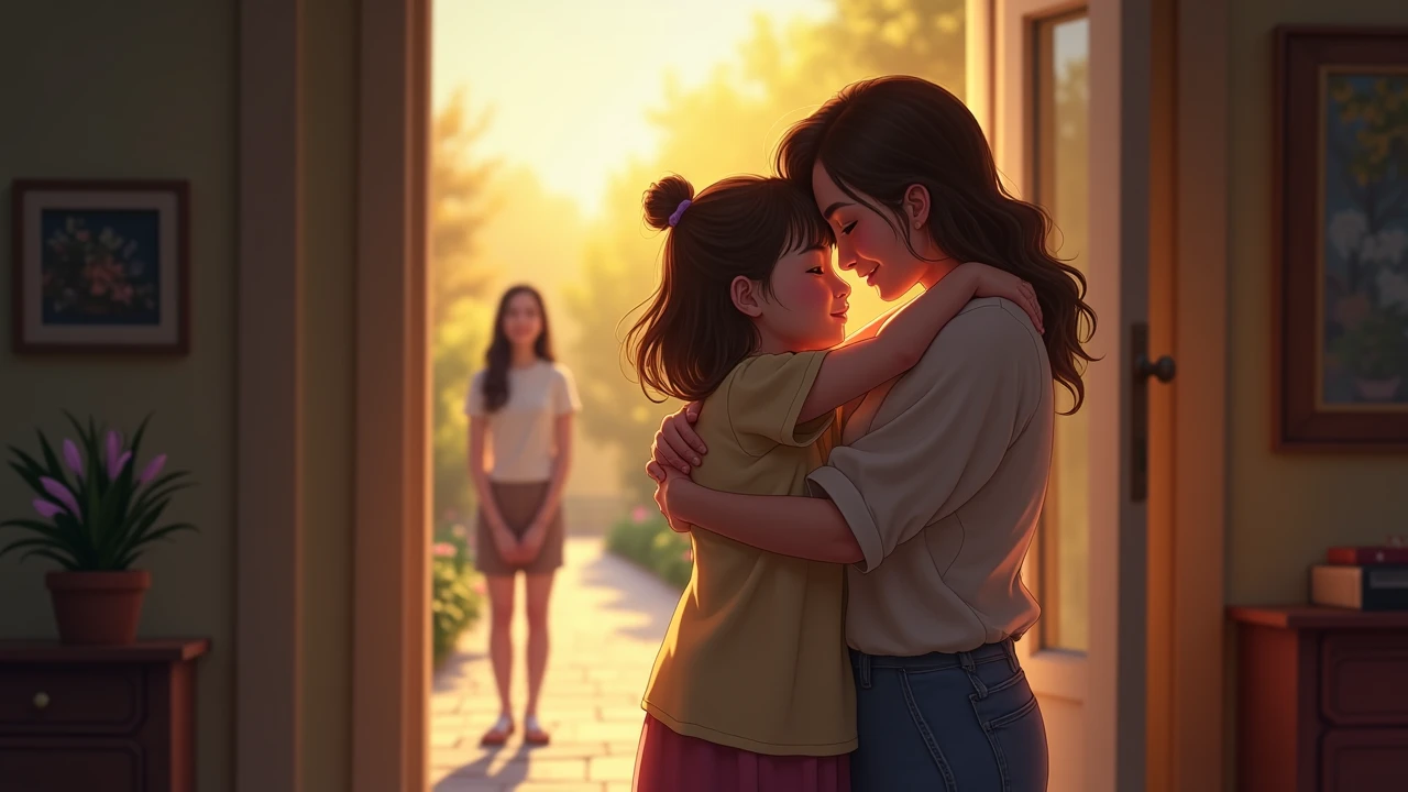 Scene 15: The girl hugs the woman tightly before leaving with her mother. The woman smiles, standing at the door as they walk away.
