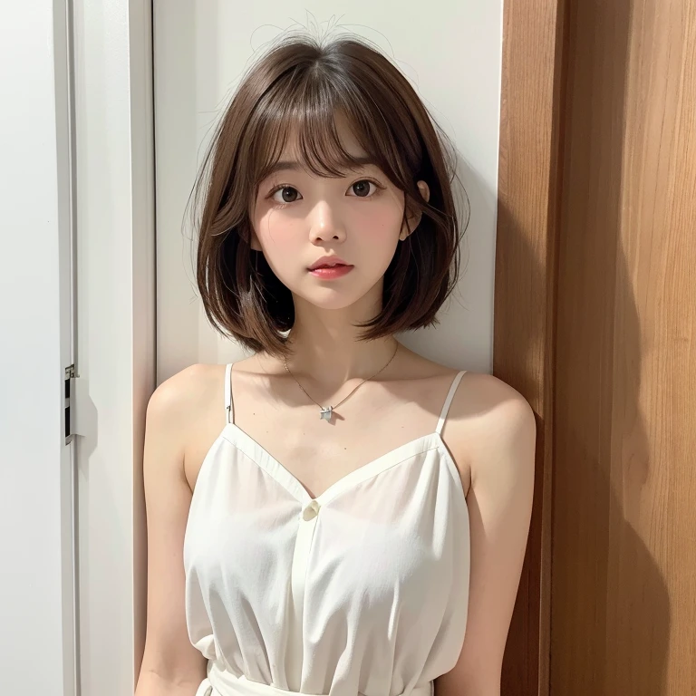 Close-up of a brown-haired woman in a white shirt, Shoulder-length hair, Shoulder - Length hair, Medium length hair, Curtain bang, Medium Hair, with short hair, Princess Cut, Shoulder-length hair, 白Princess Cutの髪型, Korean symmetrical face, short～Medium Hair, Shoulder - Length, Neat hairstyle with bangs、White wall、In front of a white door、((窓のあるWhite wallの部屋))、Mr.々A pose、Simple Necklace、Layered Cut、Don&#39;Don&#39;t look at the camera