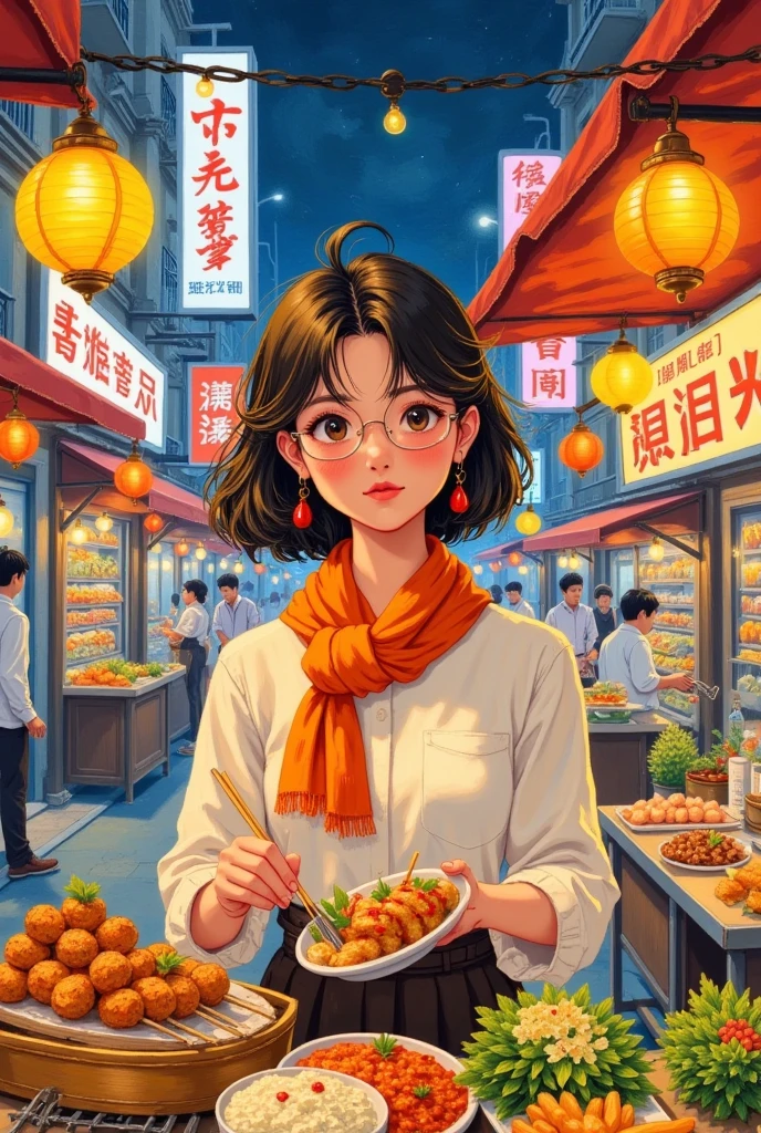 lbsc, Watercolor, watercolor_(medium),Vibrant high-resolution photo of a bustling night market, featuring a cartoon-style young woman behind a street food stall, wearing a crisp white shirt and a vibrant orange scarf. She holds multiple skewers of marinated mouthwatering of metal a Wafting of grilled delights, arranged vegetables a, set against a kaleidoscope of neon lights, billboards, and storefronts. Warm golden light from streetlights and food stalls creates a cozy, inviting atmosphere, capturing the essence of a live urban night market.