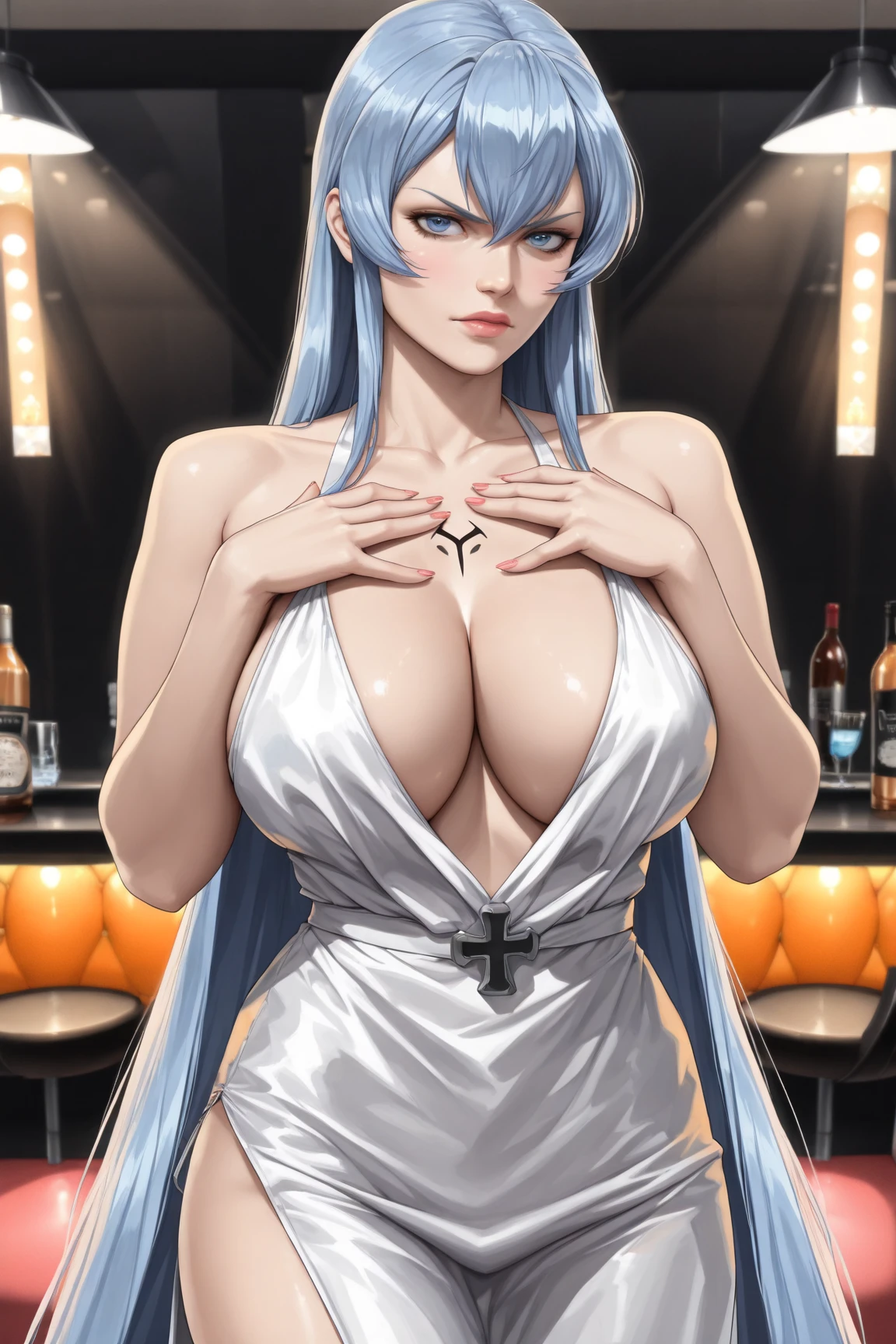 diosa griega mujer albina de cabello muy largo, sentada en una cafeteria elegante, ojos azules y pelo albino largo, diosa griega con ropa de diosa y corona de laureles en su cabeza