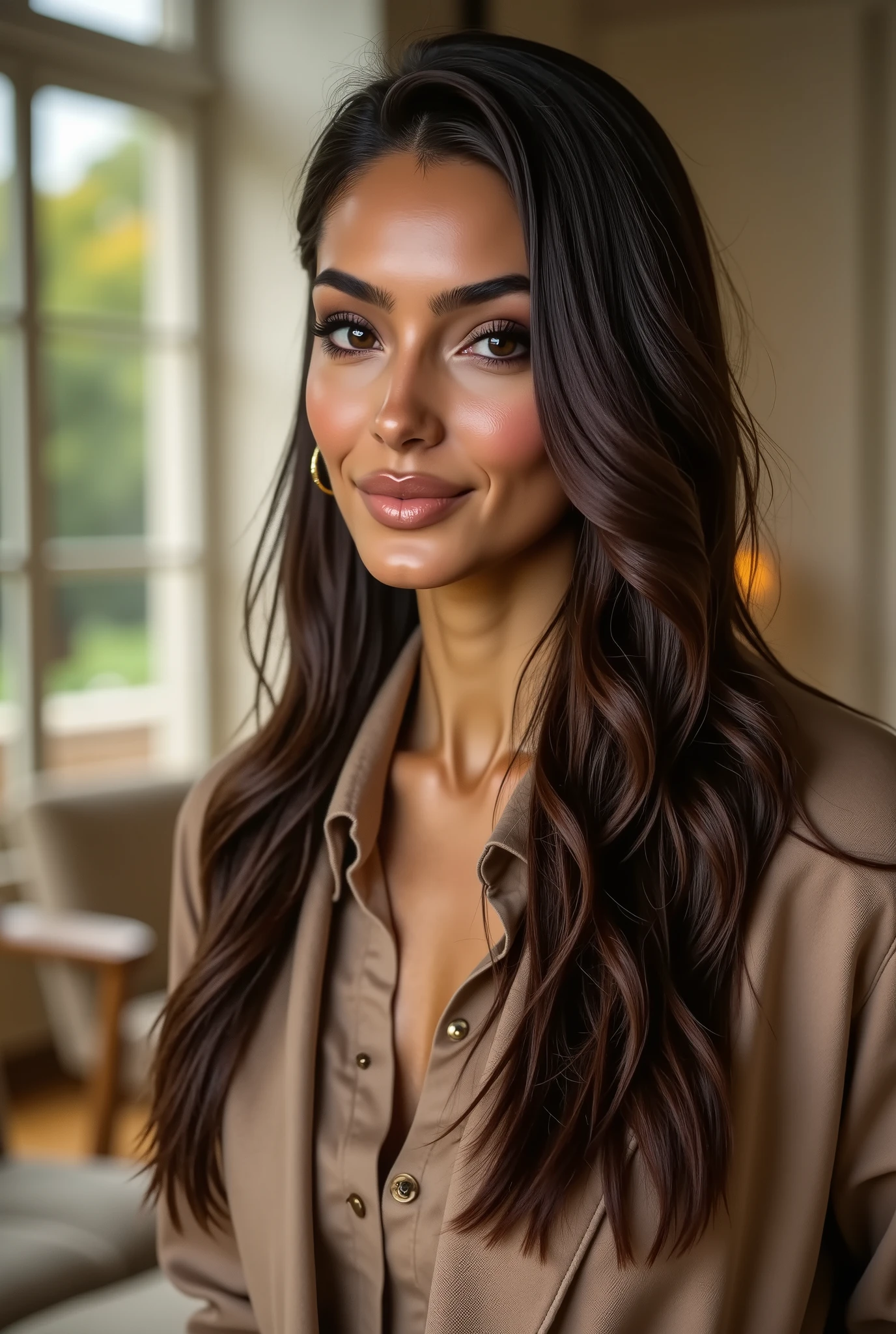 A beautiful young woman with long brown hair, wearing a white top and black blazer, with high cheekbones and a round face shape. She has olive skin tone and hazel eyes. The photo appears to be from a social media photo shoot in the style of an Instagram model or influencer.
