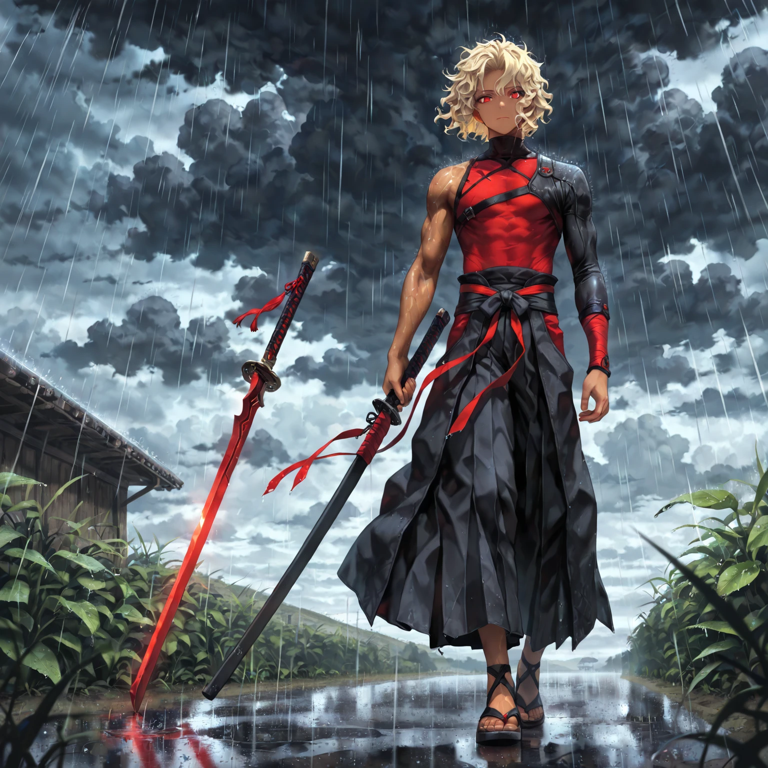 ((masterpiece, best quality, 1male, male focus, masculine, solo, closed mouth, muscle, single longsword katana in hand,)) (short hair, soft yellow hair, wavy hair, messy hair, crimson eyes, calm expression, perfect eyes, male face, perfect face, modern clothing, black turtleneck, single sleeve, black pants, black sandals, red half hakama, caramel skin tone, caramel skin color, dark skin tone, walking toward viewer, looking toward viewer,) ((plains background, raining, dark clouds, detailed background))