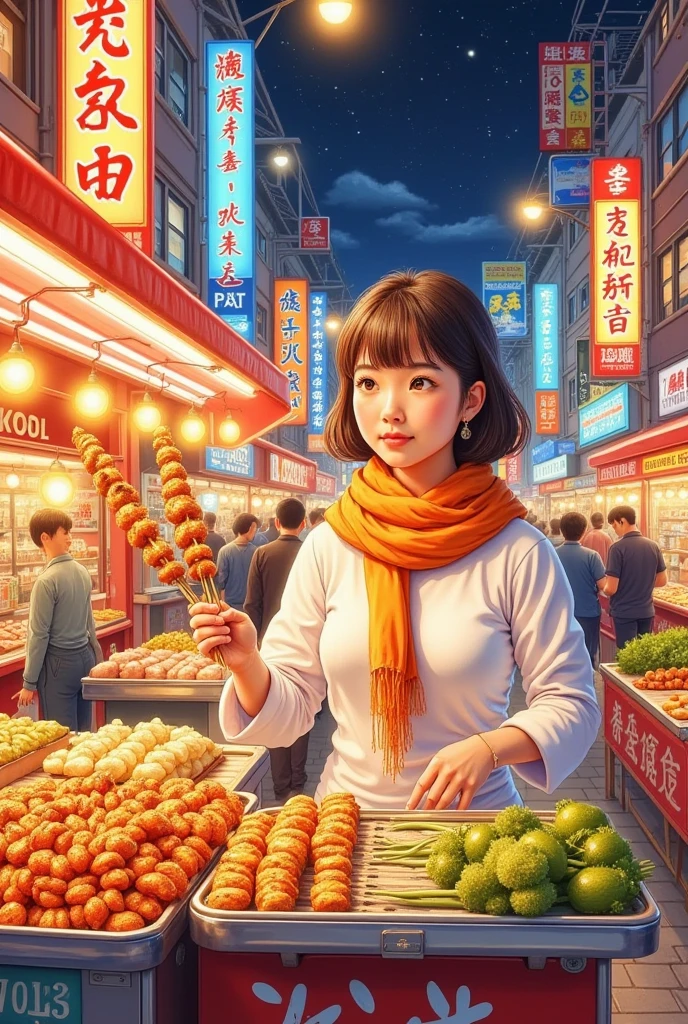 lbsc, Watercolor, watercolor_(medium),Vibrant high-resolution photo of a bustling night market, featuring a cartoon-style young woman behind a street food stall, wearing a crisp white shirt and a vibrant orange scarf. She holds multiple skewers of marinated mouthwatering of metal a Wafting of grilled delights, arranged vegetables a, set against a kaleidoscope of neon lights, billboards, and storefronts. Warm golden light from streetlights and food stalls creates a cozy, inviting atmosphere, capturing the essence of a live urban night market.