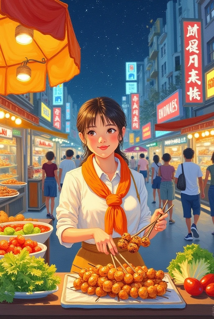lbsc, Watercolor, watercolor_(medium),Vibrant high-resolution photo of a bustling night market, featuring a cartoon-style young woman behind a street food stall, wearing a crisp white shirt and a vibrant orange scarf. She holds multiple skewers of marinated mouthwatering of metal a Wafting of grilled delights, arranged vegetables a, set against a kaleidoscope of neon lights, billboards, and storefronts. Warm golden light from streetlights and food stalls creates a cozy, inviting atmosphere, capturing the essence of a live urban night market.