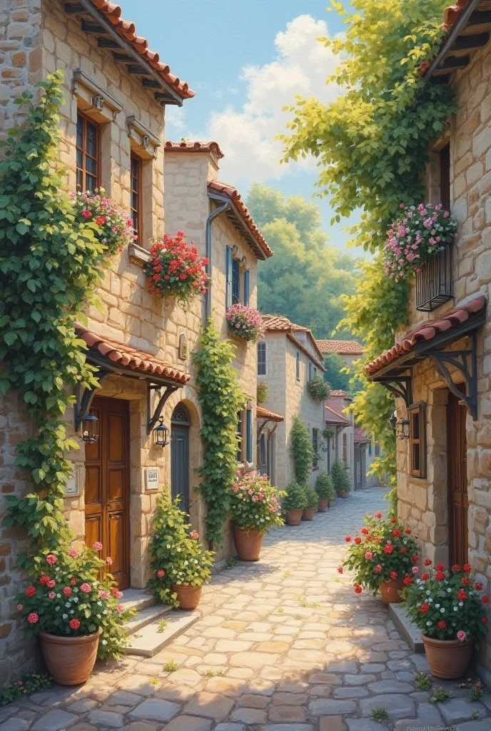 oil paint on canvas. Soft sunshine. A soft and serene atmosphere. Ancient Western European atmosphere