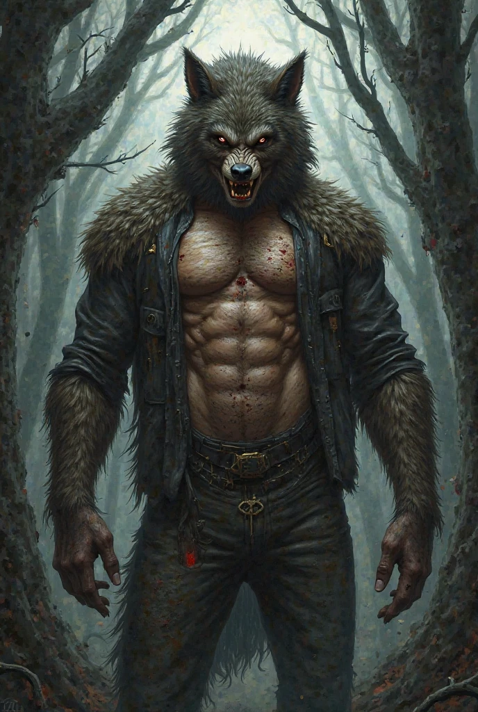 death (puss in boots), deathwolf, front view, facing camera, muscular chest, very muscular, abs, detailed fur, correct lighting, correct shadows, night:1.2, outdoors, by blotch, by kenket, wolf tail, correct proportions, correct anatomy, correct muscles, leather vest:1.1, leather pants:1.1, belt buckle:1.1, detailed belt buckle, detailed belt, red eyes, (strong shadows, dramatic shadows, dark, darkness, dim):1.2, trees, graveyard, background on fire