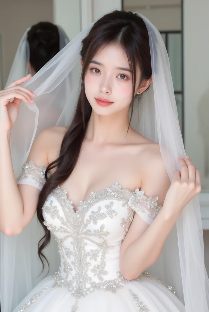 (1girl), ponytail, Extremely cute face, Amazing face and eyes, (Highly detailed eyes, Highly detailed face), fresh, Very clean appearance, (Hyper-realistic, hight resolution), (Best Quality:1.4), (hyper quality), Authentic skin texture, Raw photo, (Realistic, Photorealsitic:1.37), highly detailed, Professional Photography, (beautiful lace bridal dress:1.5), (lace bridal dress with open front), (cleavage:1.2), (Bare shoulders), Smile slightly, (Staring at me), luxury living room, girl portrait,