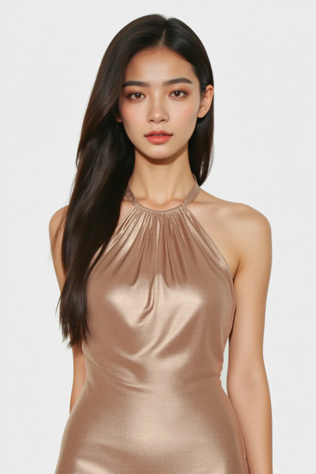(Professional 3D rendering:1.3) de (Realistic:1.3) Foto de adolescente, cabelo preto, cabelo comprido, cintura fina, seios pequenos, pele branca usando vestido de latex dourado colado brilhoso na rua de uma escola sem pessoas ao redor, full body visualization, japanese
