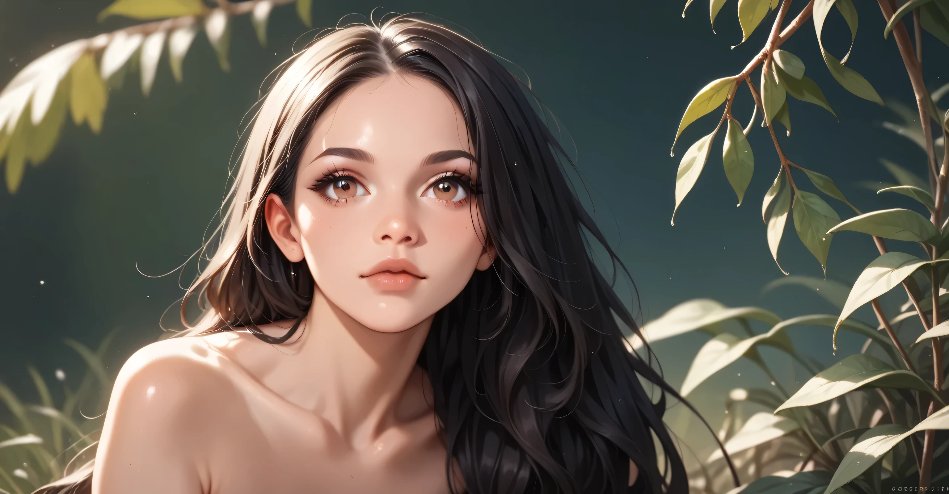A naked girl outdoors, 2.5d, straight black hair, very long hair, round chin, snub nose, brown eyes, BROWN LIPS, sorriso, boca aberta, perfect teeth, sardas, shiny skin