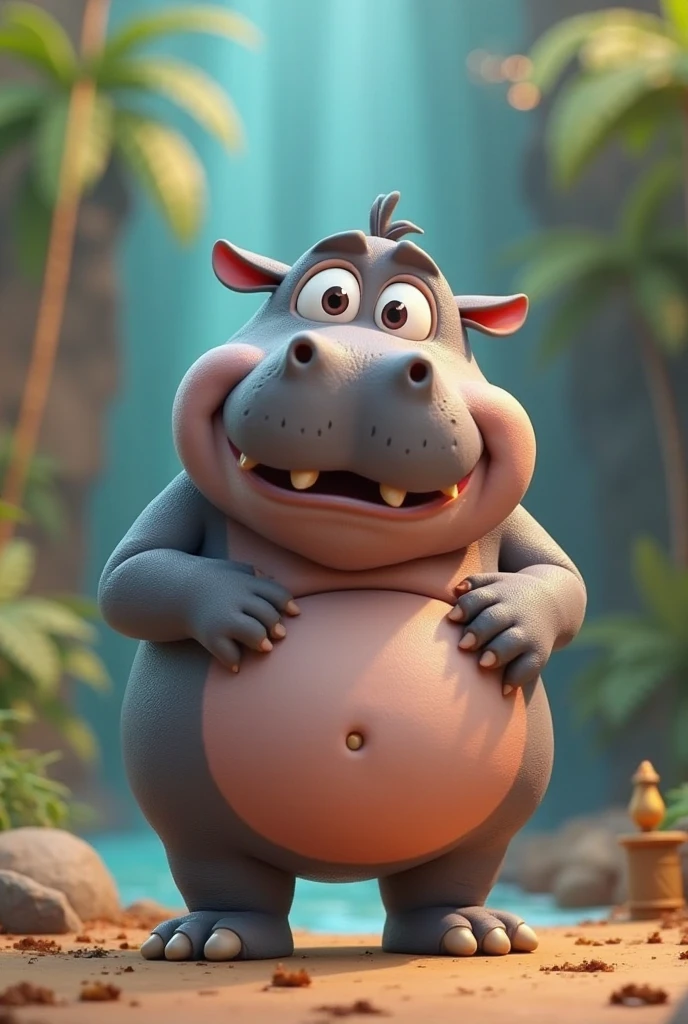 Make me an image of glory, the hippopotamus from Madagascar with Dora the Explorer's hair and a mole above his mouth.