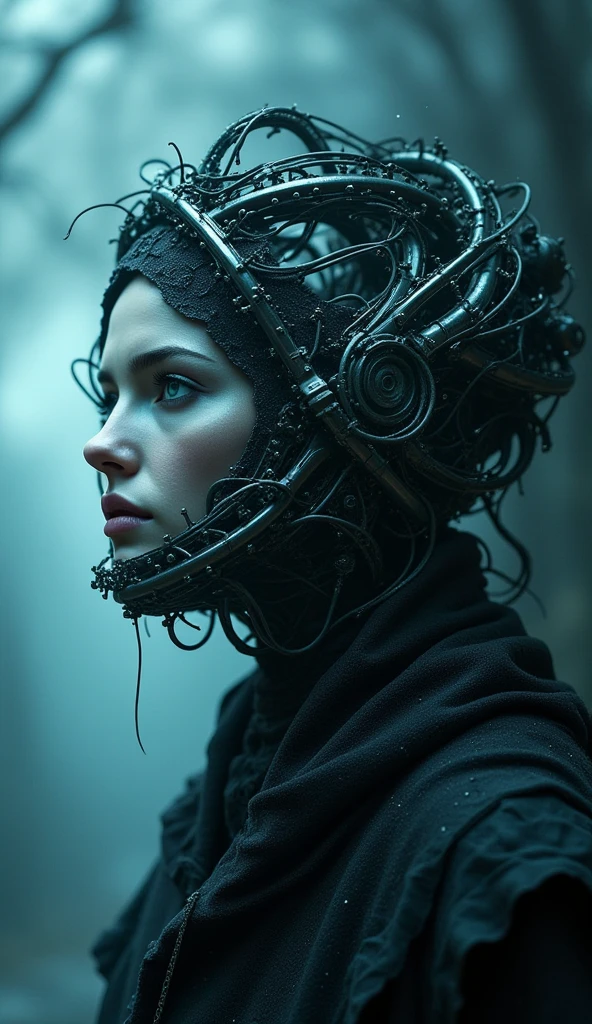 A Surreal Fantasy, manipulation set hororcore starting a female caribian style cloack, open head section -as if steel Rail of Train is turning around into head with dynamic twisted recursive effect again and again, eerie , cinematic, DOF, fully Fantasy, pulse atmosphere Cloud, Clif, Fox , Desire. Gook biggest diorama, bioluminecence handling.