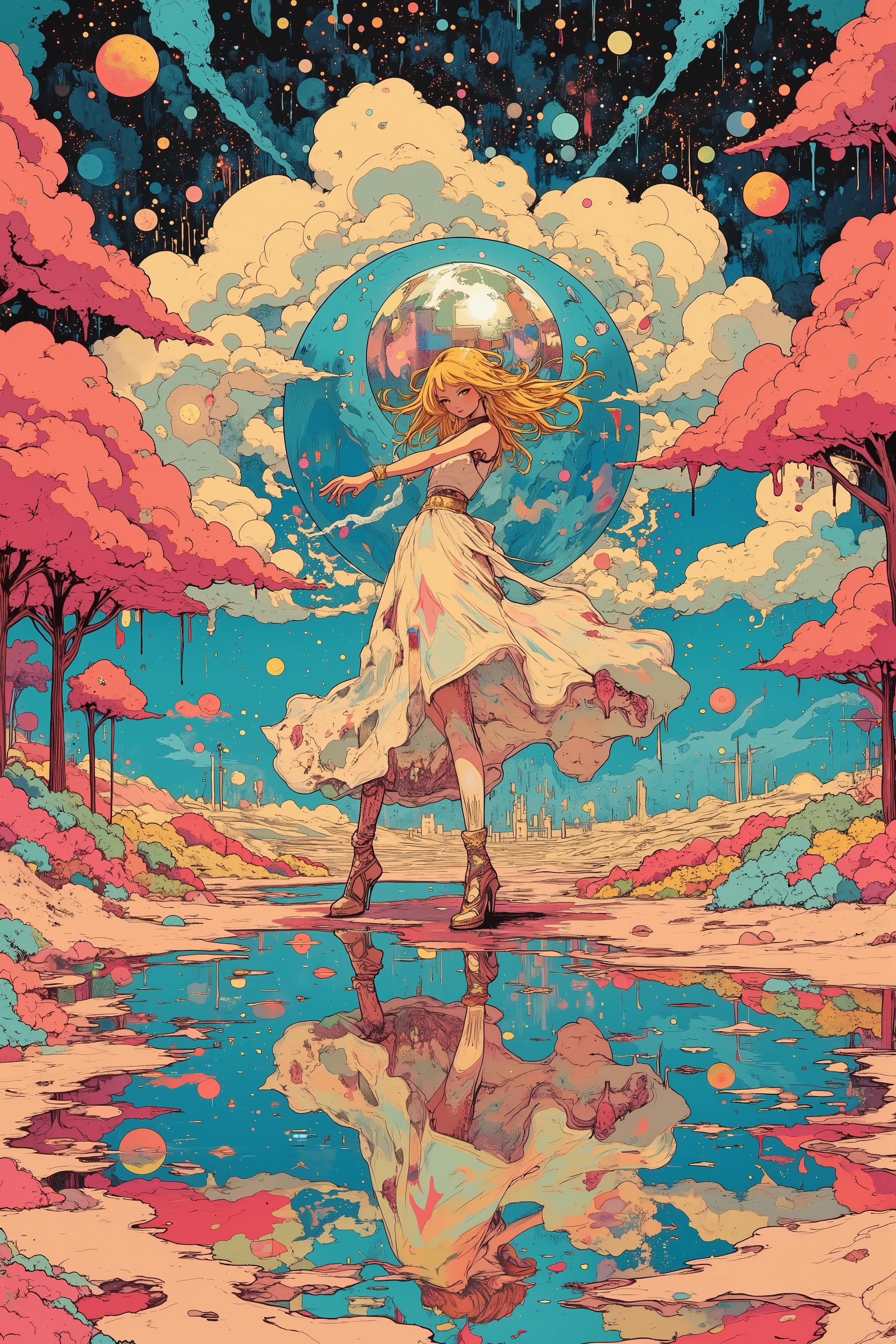 Woman dancing in a colorful puddle,mirror ball,I'm crashing to the ground , Poster Art , screen print poster , graphic novel cover art , graphic details , promotional art , Poster illustration, Illustrated poster, By Jens Sondergaard ,
(vaporwave theme illustration), Fashion illustration drawn on a watercolor white paper background,promotional poster by Yanagawa Nobumasa, , Comic book cover , fashion illustration inspired by Emil Lindenfeld falling to the ground ,centerline,