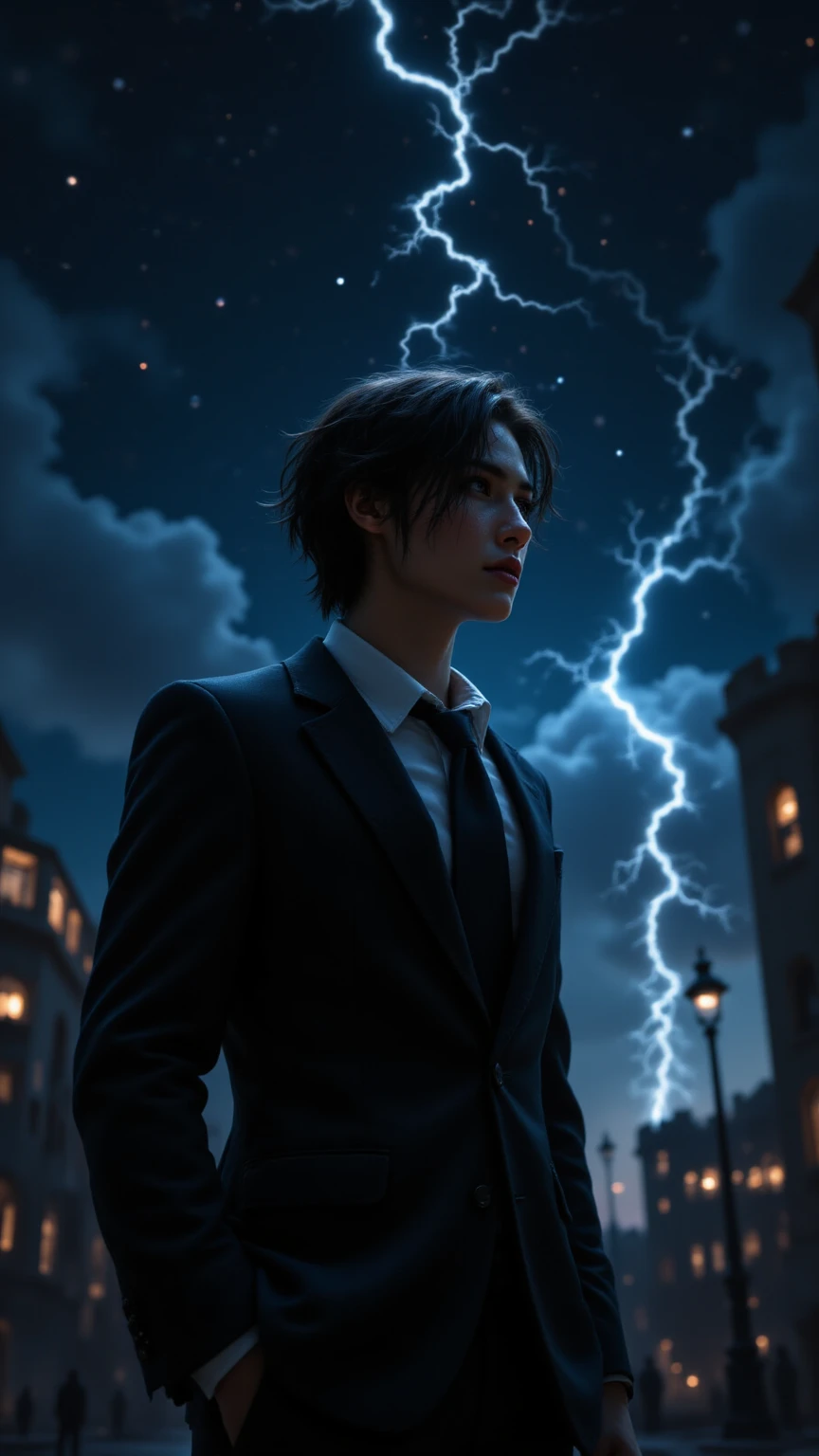 masterpiece、best image quality、highest resolution、Collaboration of light and shadow、 dynamic angle of view、dramatic scene、Lover in a dream、in my dreams, any wish will come true、A beautiful boy whose eyes are astonishing、I'm wearing a set of three suits、cowboy shot、nihilic smile、 night view、building、I can see the stars。A Beautiful Man's Sincere Confession